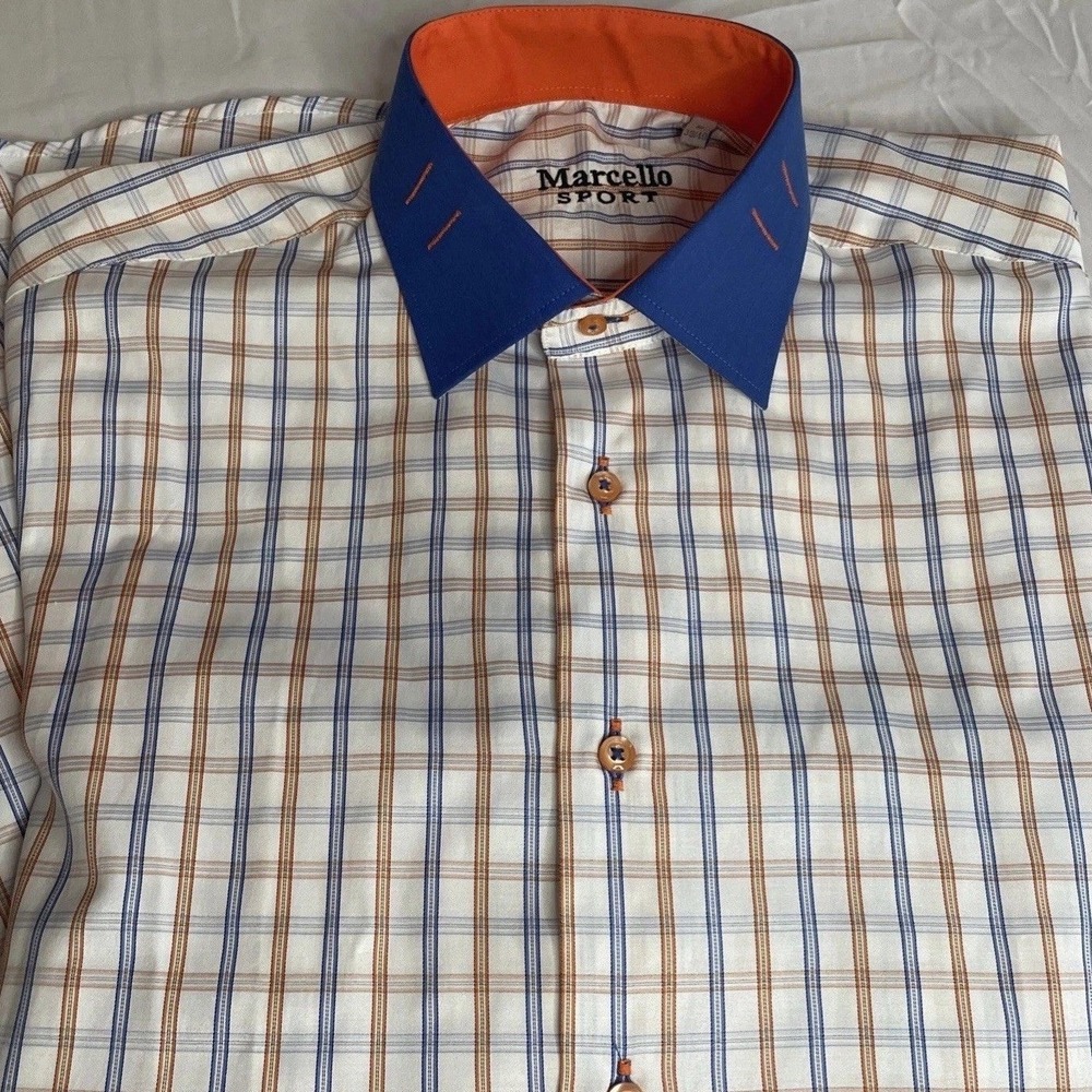 Marcello Sport Mens Plaid Button Down Shirt Blue Orange White Contrast Cuff M
